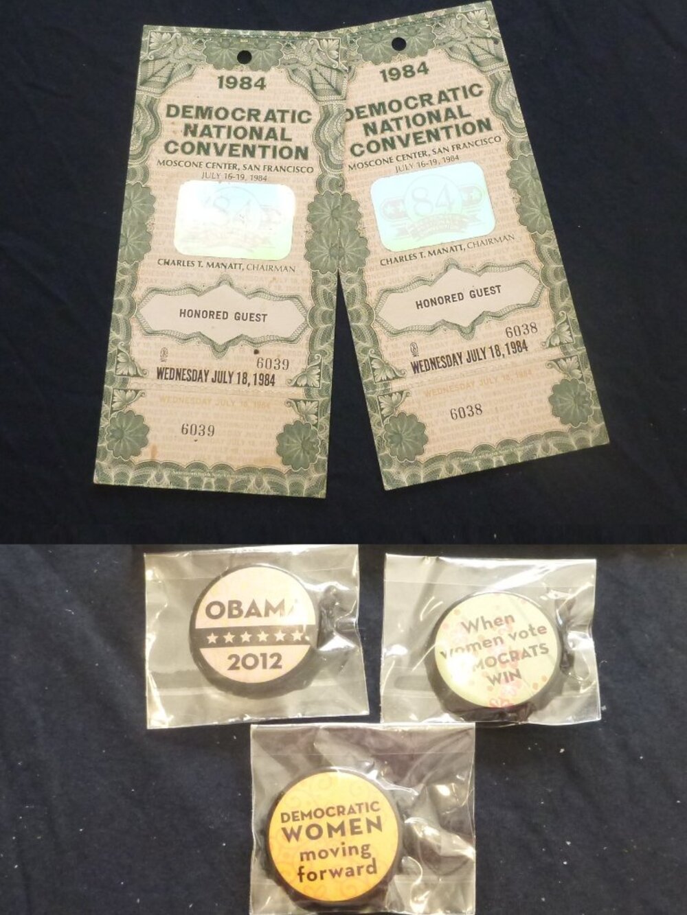 1984 Democratic National Convention Ticket Pair & 3 Political Pins Lot